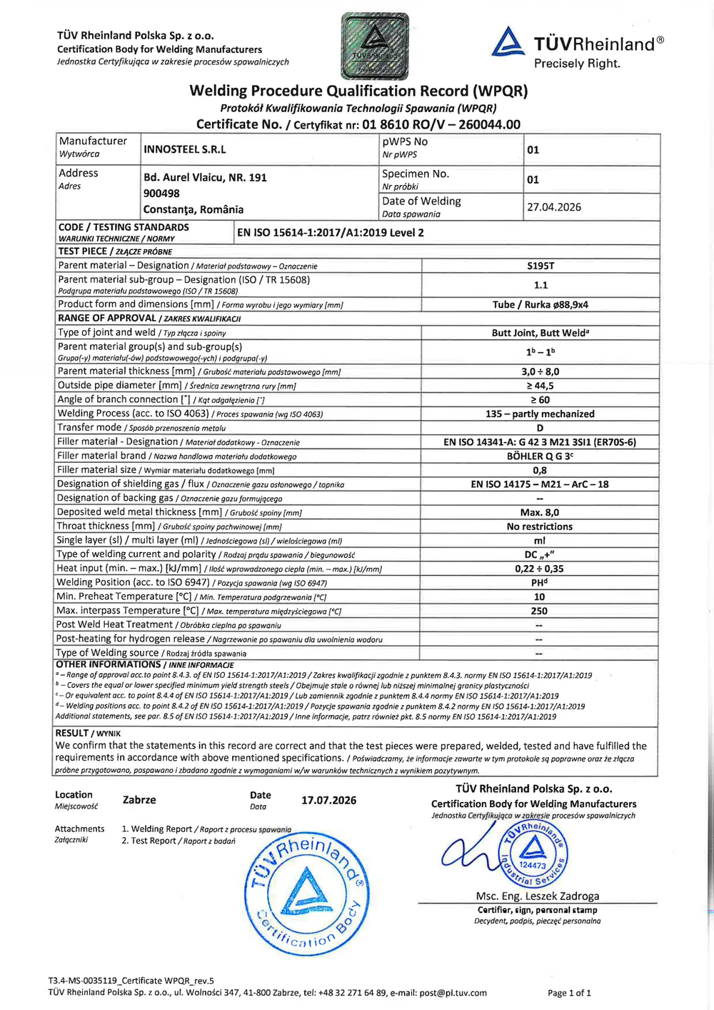 Calificare Procedură Sudare — Îmbinare Cap la Cap — pagina 1