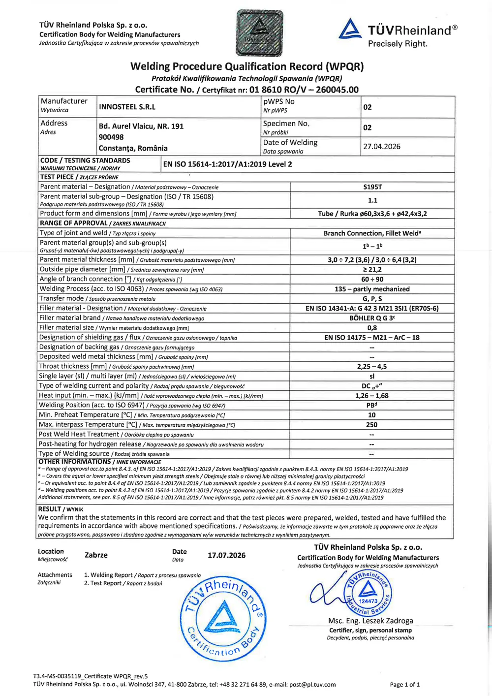 Calificare Procedură Sudare — Racord / Sudură de Colț — pagina 1